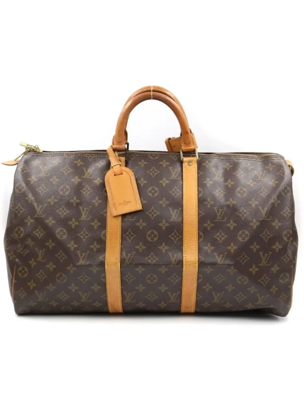 Louis Vuitton Monogram Keepall 50 Boston Bag Brown Leather Gold